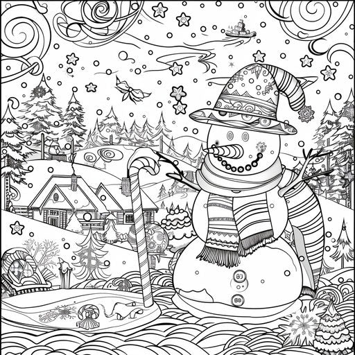 Whimsical scene of a snowman holding a candy cane