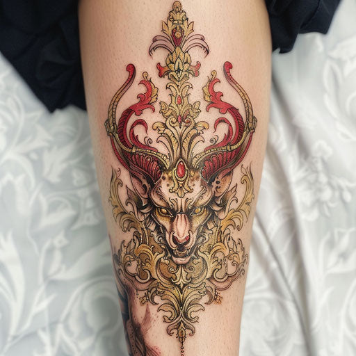 Baroque-inspired devil tattoo with gold and red details on white
