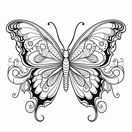 Intricate butterfly coloring page on white background, simple rounded style