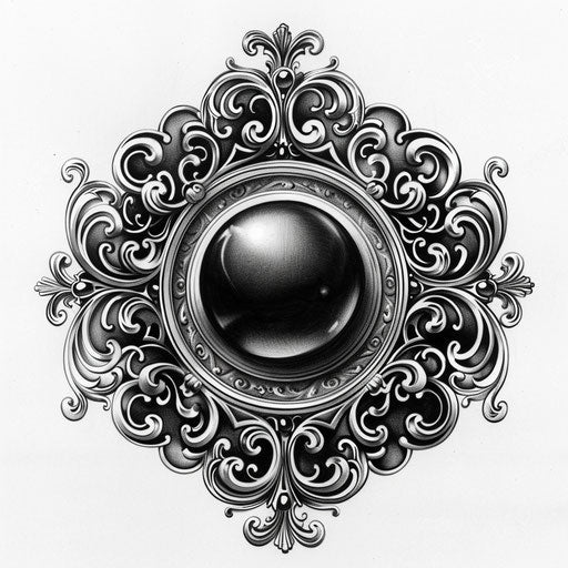 Black pearl surrounded by swirling silver filigree
