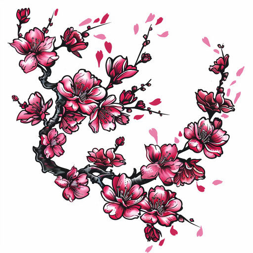 Detailed Japanese cherry blossom tattoo design, vivid pink