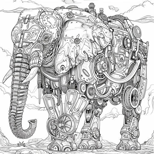 Steampunk elephant with gears, coloring book page