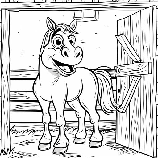 Cute cartoon horse in a stable smiling