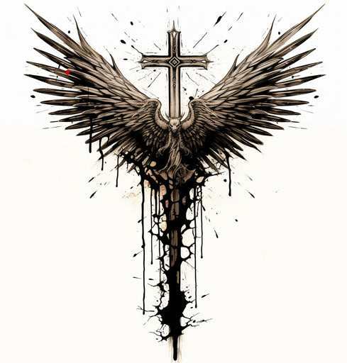 Winged and thorned cross on white background woodcut style