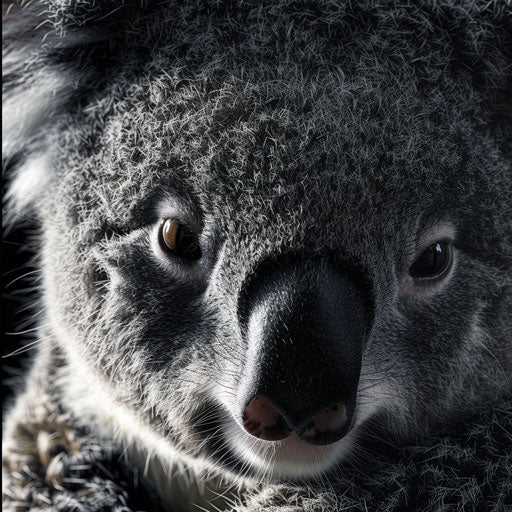 A koala's gaze, capturing the depth of their personality, intimate and close-up