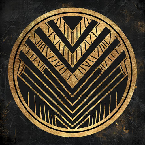 Art deco round logo with angular designs on black and gold background