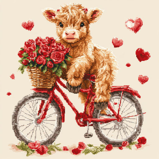 Adorable Highland calf on a red bike with a basket of roses