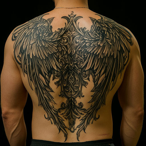 Wings tattoo on back with majestic wings and celestial symbols, in the style of J.P. Targete