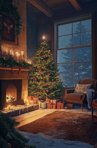 Warm Christmas scene with decorated tree and presents