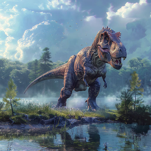 T-rex near a tranquil prehistoric riverbank