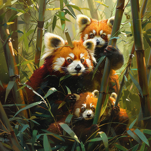 Mother red panda guiding her cubs through a dense bamboo thicket