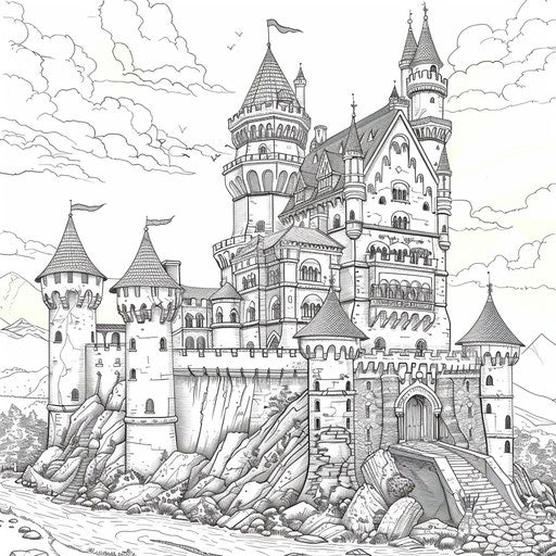 Detailed medieval castle with knights and dragons