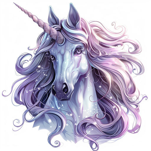 Mythical animated unicorn with a shimmering mane, artistic tattoo displayed on white background