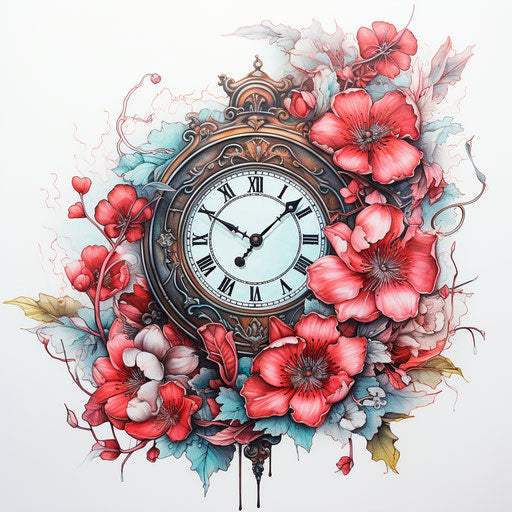 A clock covered in flowers, detailed crosshatching style