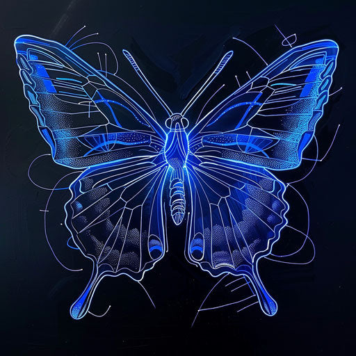 Bold flat tattoo sketch of a blue butterfly with neon outlines on dark background