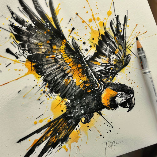 Bold tattoo sketch of a flying yellow-tailed black cockatoo