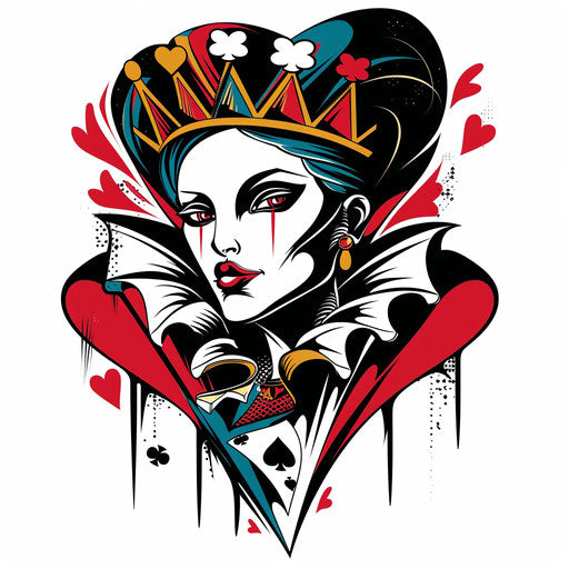 Pop art Queen of Hearts tattoo, vivid colors on white