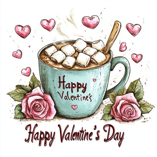 Hot chocolate and marshmallows with roses and hearts, Happy Valentine's Day