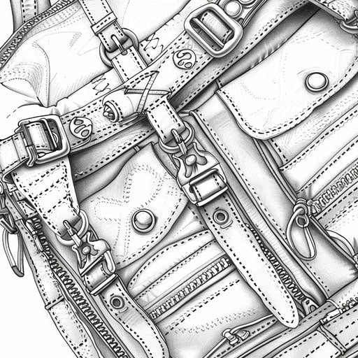 Zippers and buckles of a backpack. Coloring book page