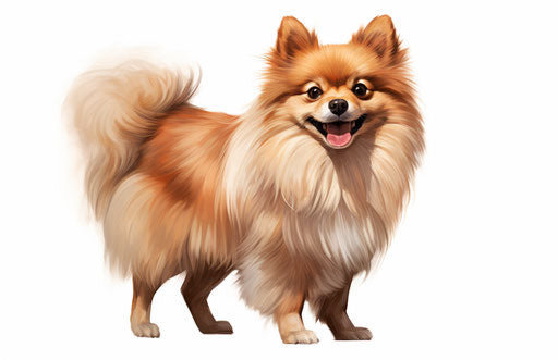 Pomeranian on white background, light orange and light maroon style, heavy shading