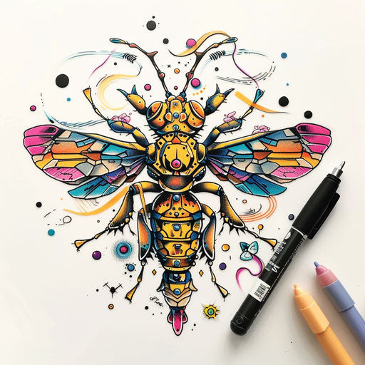 Fantasy-themed tattoo sketch of a wasp with mythical elements and vibrant, magical colors