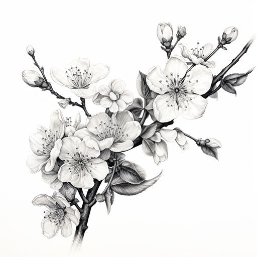 Black and white drawing with flowers on a branch