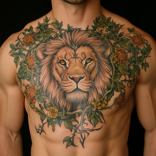 Lion chest tattoo with vines and thorns