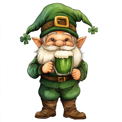St Patrick's Day Gnome with green beer, clipart style white background