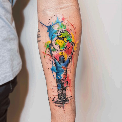 Graffiti-style tattoo of Atlas holding world, vibrant colors