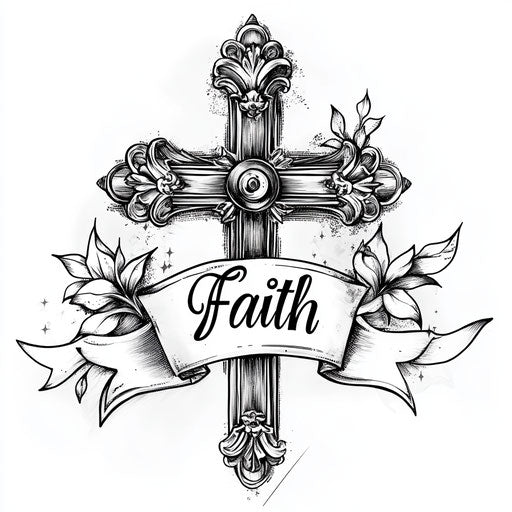 Religious tattoo sketch for men with cross and banner 'Faith'