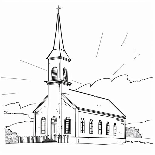 Bold outline of a church with a tall steeple