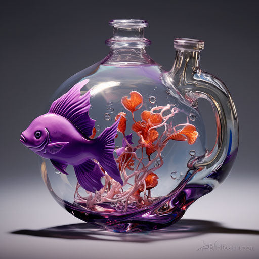Love-shaped tank with floating purple fish