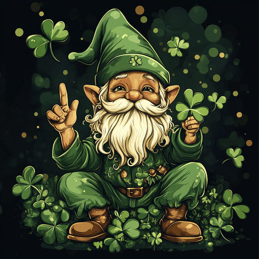 Gävle gnome with green hat holding four-leaf clover and peace sign