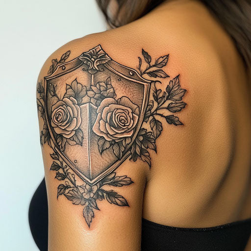 Rose tattoos for women with an armor-like shield on the shoulder in the style of Adrian Smith