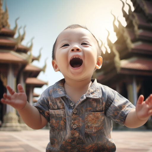 Adorable Thai child enjoying outside of a temple