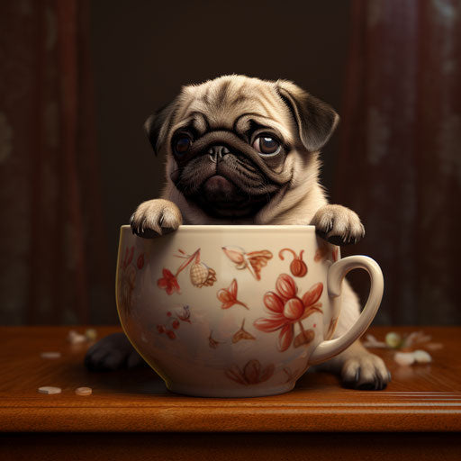 Pug in a cup, contest winner style, beige, full body, innocent