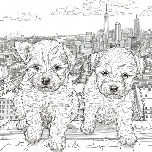 Puppies with detailed city background in coloring book style