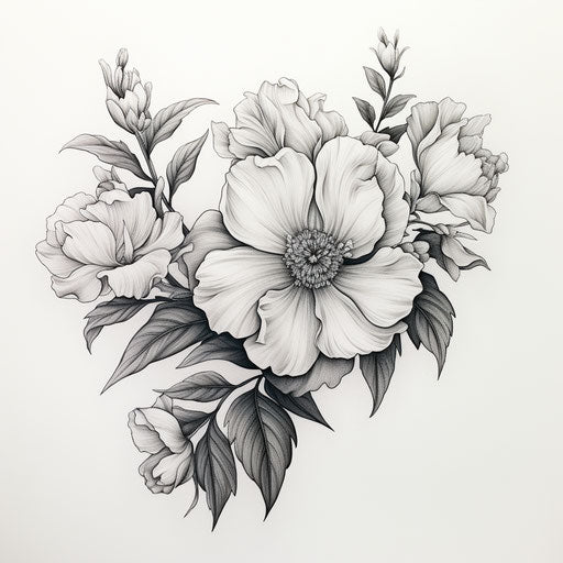 Black and white drawing of a flower with many leaves