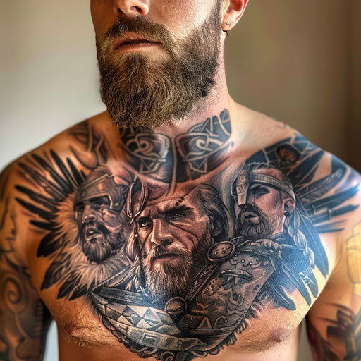 Men's chest tattoo with realistic warrior portraits