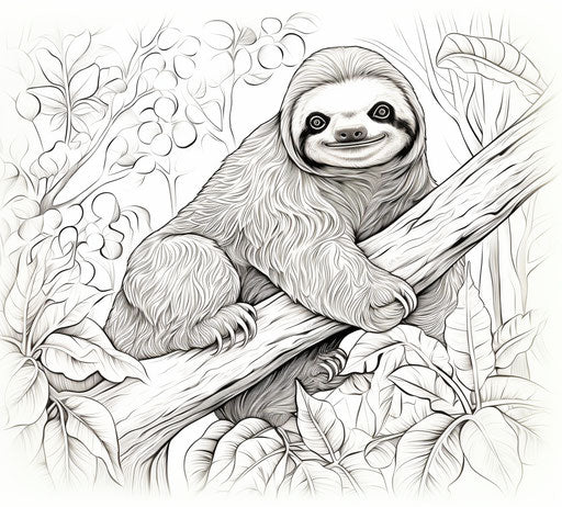 Adult coloring page with a sloth on a tree branch