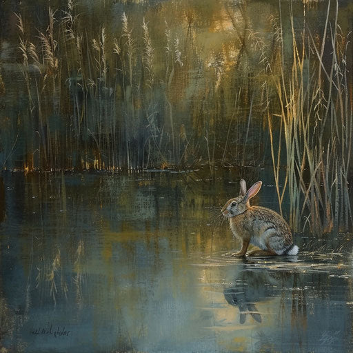 Edge of a tranquil lake, reeds swaying, a white tail rabbit quietly approaching the water's edge.