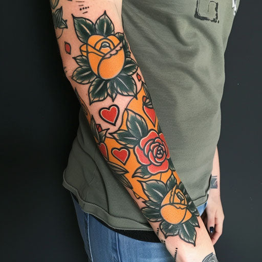 Arm tattoo of traditional roses and hearts, Ed Hardy style