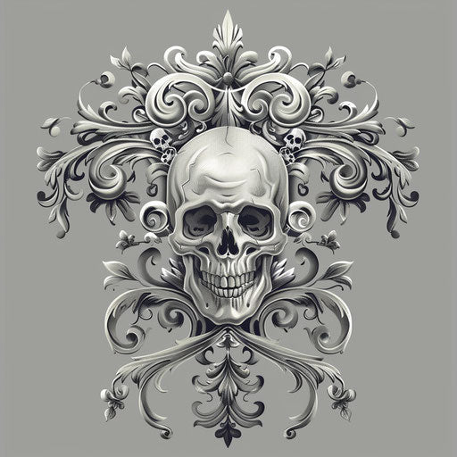 Elegant tattoo sketch of Jolly Roger with ornate scrollwork