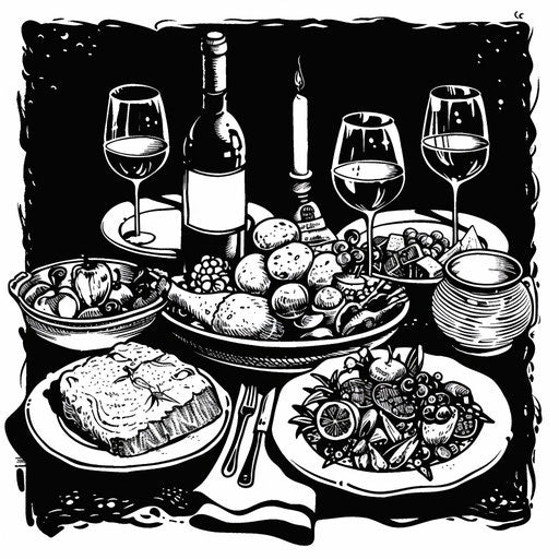 Elegant dinner with fine dishes and wine, sophisticated black and white clipart