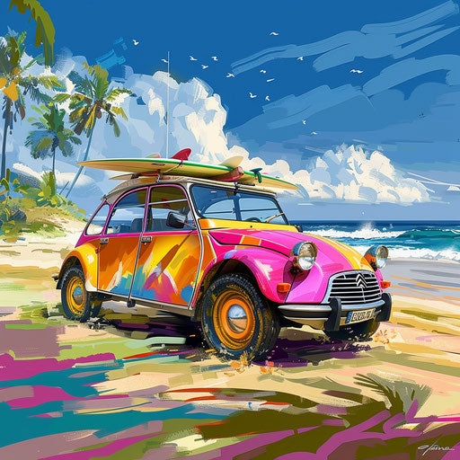 Beach buggy Citroen DS 20 with surfboards