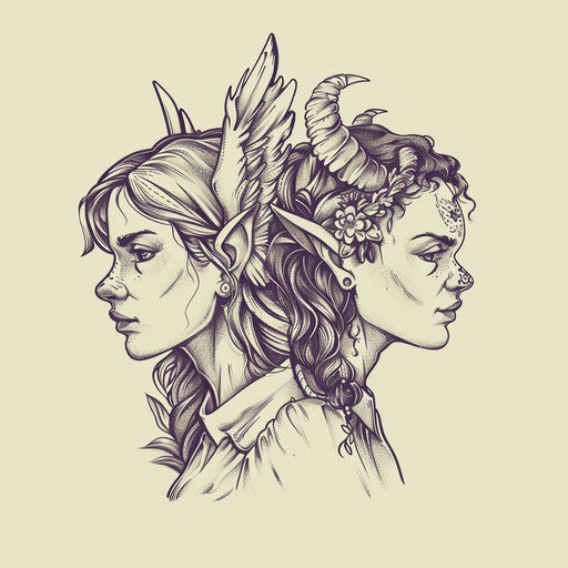 Sophisticated flat tattoo sketch of a contemplative angel and a mischievous devil