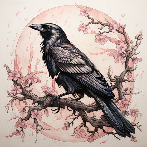 Black and white raven tattoo in traditional Japanese style