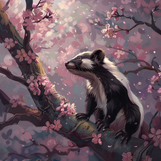 Skunk among blooming cherry blossoms in the style of Aaron Blaise
