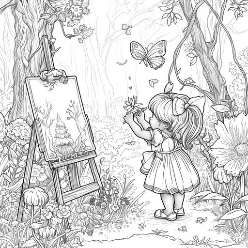Fairies painting flowers in an enchanted forest