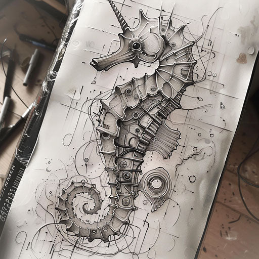 Futuristic seahorse tattoo sketch with metallic shades and circuit-like lines